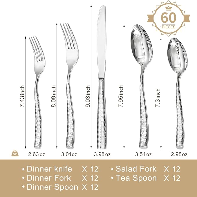 Hammered Flatware Set, 60-Piece 18/10 Stainless Steel Silverware | Heavy Duty Construction, Mirror Polished Finish, Dishwasher Safe, Elegant Utensil Set for Home, Restaurant & Occasions