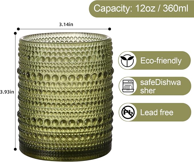 ZMOWIPDL Drinking Glasses Set of 6,12oz Green Hobnail Glass Cups | Vintage Glassware，Embossed Water Tumbler,for Beer,Cocktail,Whiskey,Juice and Various Mixed Drinks- 1 Cleaning Brush