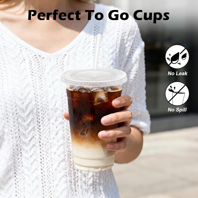 Lamosi 100 Pack 20 oz Clear Plastic Cups with Lids and Straws | Disposable Plastic Cold Cups for Iced Coffee, Smoothies, Parties, Picnics, Office Drinks, Light To-Go Use and Easy Cleanup