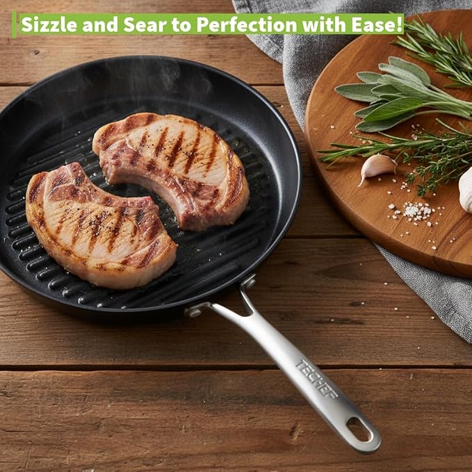 TECHEF - Onyx Collection, 12-inch Grill Pan For Stove Top, Nonstick Grill Pan For indoor cooking, PFOA-Free, Heavy-Duty Aluminum, Made In Korea (No Induction)