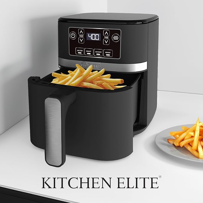 Kitchen Elite 3 Quart Digital Air Fryer Oven Compact Countertop Oil-Free Cooker with PFAS-Free Nonstick Basket, Easy Clean, Black