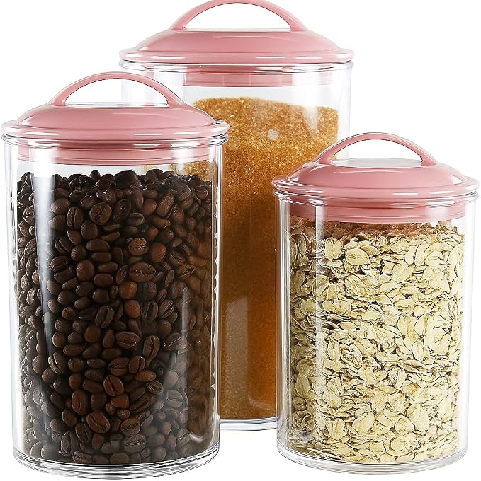 Reston lloyd Food Storage Containers, BPA Free Airtight Canisters for Cereal, Pasta, Sugar, Coffee, Flour, Cookies, Loose Tea, for Kitchen Organization, Set of 3, Pink