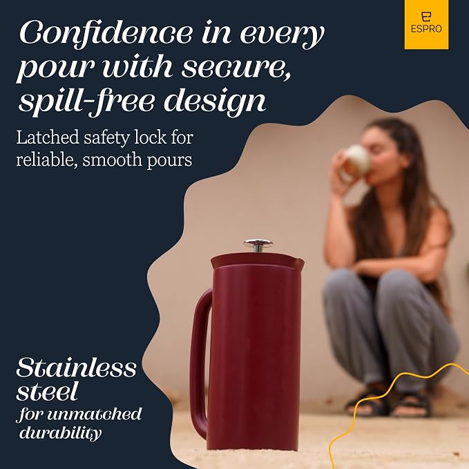 ESPRO P7 French Press, 32oz, Cranberry, Stainless Steel Coffee Maker | Double Filter Coffee Press, Grit-Free Coffee, Heat Resistant Insulated tea Press, Easy Hot and Cold Coffee Brewer, Tea Brewer