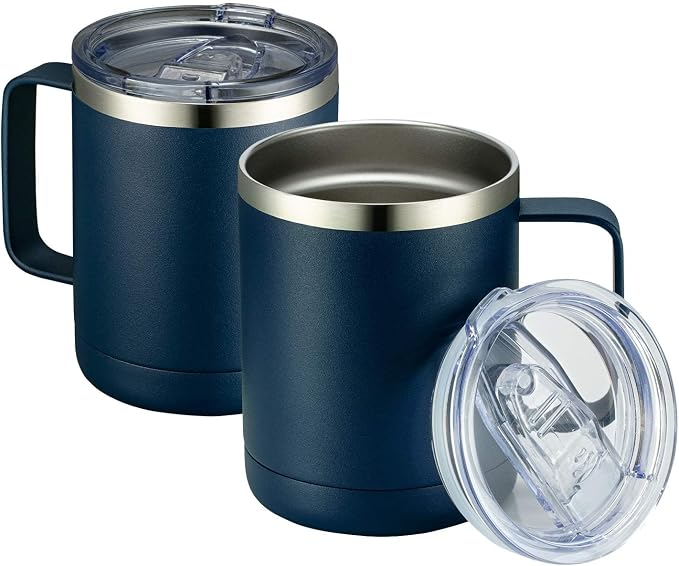 MEWAY 12oz Coffee Mug With Handle 2 Pack Bulk,Stainless Steel Insulated Travel Tumblers With Sliding Lid,Double Wall Vacuum Camping Cup for Hot & Cold Drinks (Navy Blue, 2)