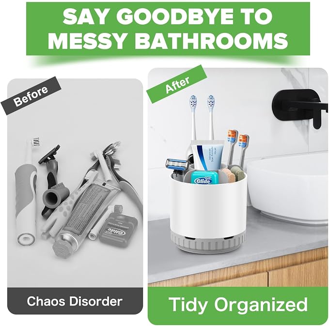 GFWARE Rotating White Toothbrush Holder for Bathroom Organizer, Drainage | Detachable 6 Slots Kids Electric Toothbrush and Toothpaste Holder, Bathroom Countertop Sink Storage Caddy