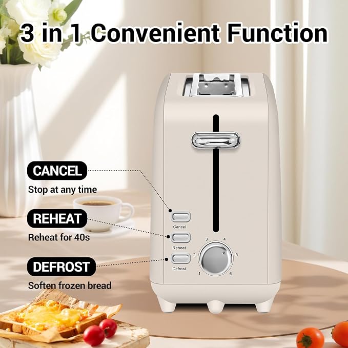 SEEDEEM Stainless Steel Toaster 2 Slice Slim, 10" Single Long Slot, Oatmilk | 6 Shade Settings, Extra Wide Slot Fits Bagels & Artisan Bread, Defrost, Cancel Function, Removable Crumb Tray
