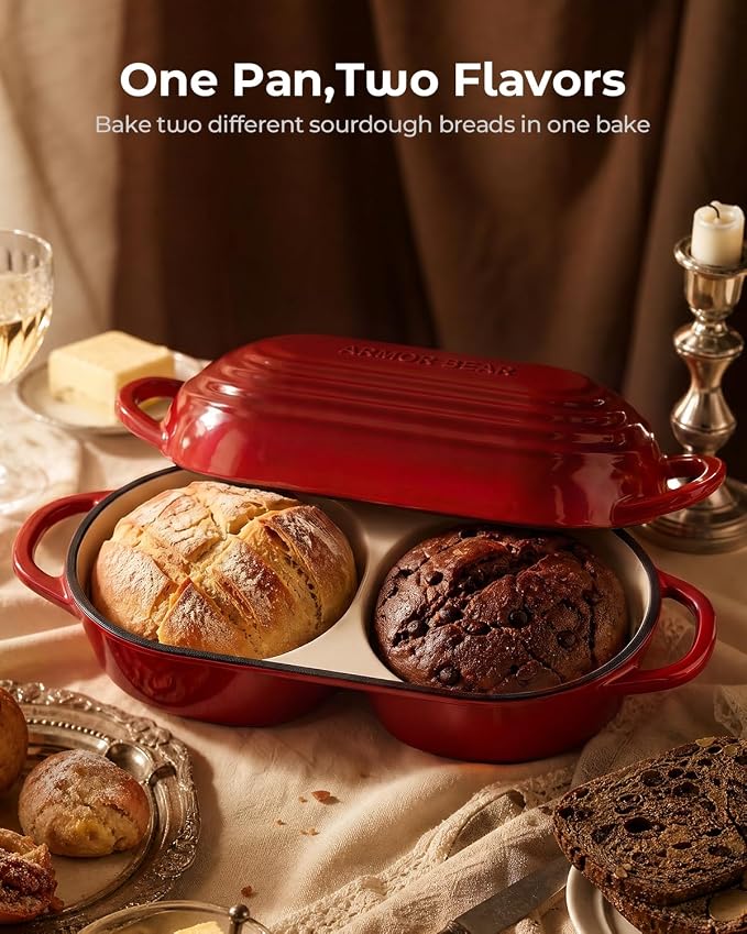 Mini Double Dutch Oven for Sourdough, Enameled Cast Iron Bread Pan, Red | Double Loaf Bread Pan with Lid, Mini Sourdough Dutch Oven for Bread Baking