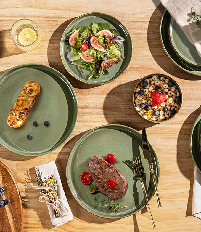 Ceramic Dinnerware Set for 4, 12-Piece Plates and Bowls Set | Lightweight Porcelain Dish Set, Scratch Resistant, Oven & Microwave & Dishwasher Safe, Sage Umber