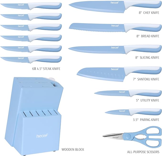 hecef 15 Pieces Kitchen Knife Block Set, Blue | Built-in Sharpening Wooden Block, Dishwasher Safe, High Carbon Stainless Steel, Includes Steak Knives & Kitchen Scissors