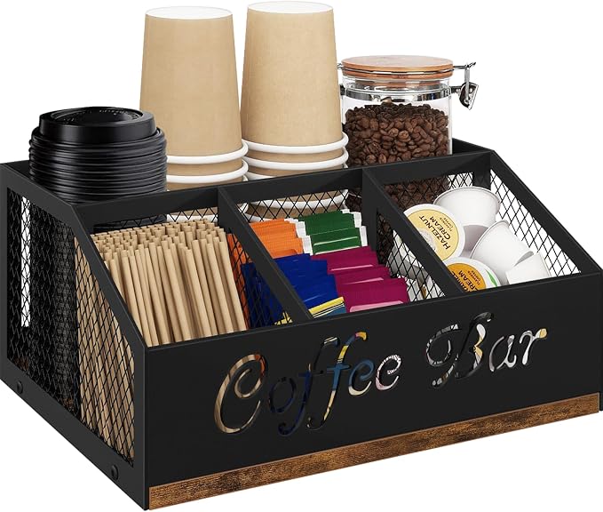Coffee Station Organizer for Countertop, Coffee Bar Organizer | Wooden Coffee Organizer Station , Cup Condiment Holder , Sugar Creamer Caddy with Mesh Compartments for Pods, K Cups, Stirrer