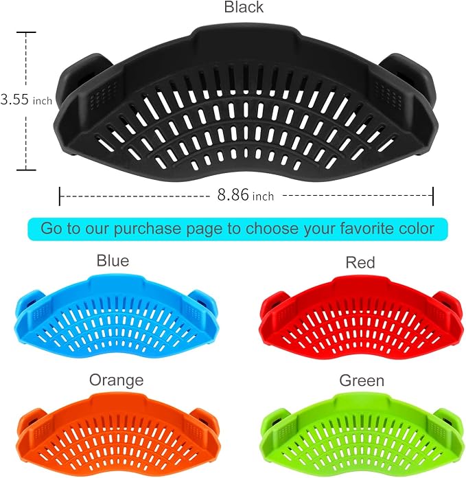 AUOON Clip On Strainer Silicone for All Pots, Standard 8.86 x 3.55in, Black | Food-grade BPA-free, Fits Pots Pans Bowls, Dishwasher Safe, for Pasta Noodles Vegetable Fruits, Space-saving Kitchen Gadget