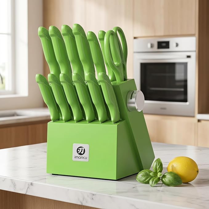 iMarku 14-piece high-carbon stainless steel knife set, dishwasher safe | Ultra-sharp Japanese knife, built-in sharpener, non-slip ergonomic handle, restaurant-grade quality, eco-friendly