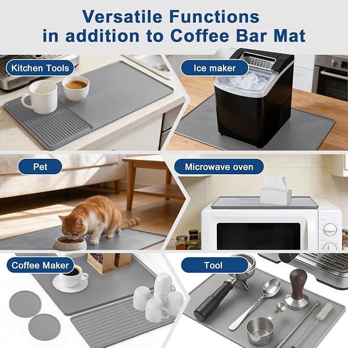 Mrcrypos Silicone Coffee Station Mat with Rasied Edges 16x24 Inch, Grey | Anti-Slip, Heat-Resistant, Spill-Proof, Bar Mat for Most Countertop & Espresso Machines, under Coffee Maker/Dish Rack