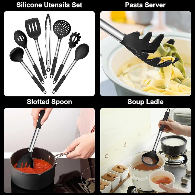 E-far Silicone Cooking Utensils Set, 7-Piece Black Kitchen Utensils Set | Heat Resistant Nonstick Cookware with Stainless Steel Handle, Slotted Turner, Spoon, Soup Ladle, Pasta Server, Skimmer, Tongs