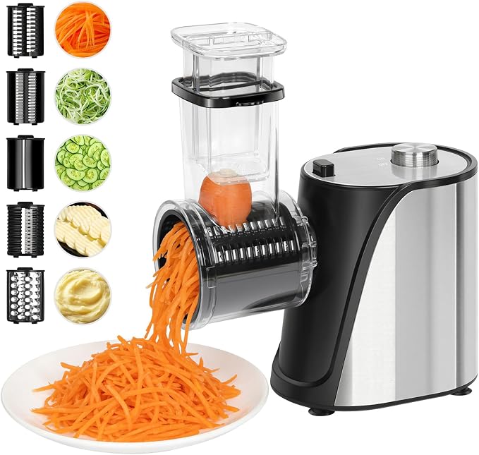 5-in-1 Electric Vegetables Chopper 250W Food Processor Veggie | Large Feed Chute, One-Touch Operation Slicer Shredder Grater for Carrots, Potatoes, Nuts, Crackers
