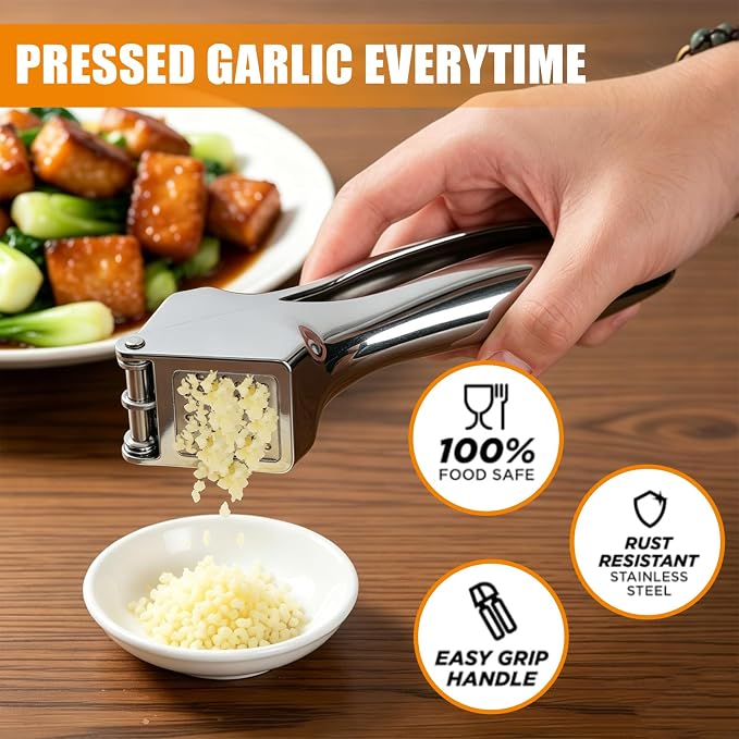 2-in-1 Garlic Press and Slicer – No Peel Garlic Mincer, Rust-Proof Garlic Crusher, Easy Clean Kitchen Gadget for Garlic, Ginger, Nuts