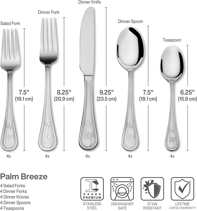 Towle Everyday Palm Breeze Flatware Service for 4, 20 Piece Set, 18/0 Stainless Steel, Silverware Set