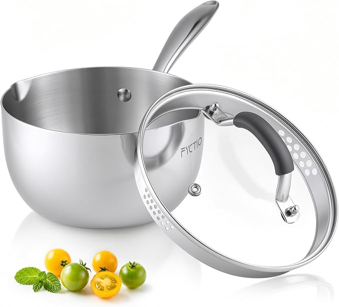 Tri-Ply Stainless Steel Sauce Pan, 2.5 Qt Saucepan with Strainer Lid | Non-Toxic, Dual Pour Spouts, Measurement Mark, Compatible All Cooktops, Anti-Scald Handle, Oven Safe 500°F, Dishwasher Safe