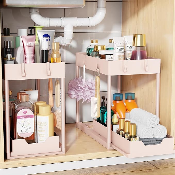 Simple Trending Under Sink Organizer 2 Pack, with Sliding Drawer, Pink | 2-Tier Multi-Use Under Shelf Organizer with Hooks, Sink Pull-Out Sliding Storage Cabinet for Kitchen Bathroom, Easy Assembly