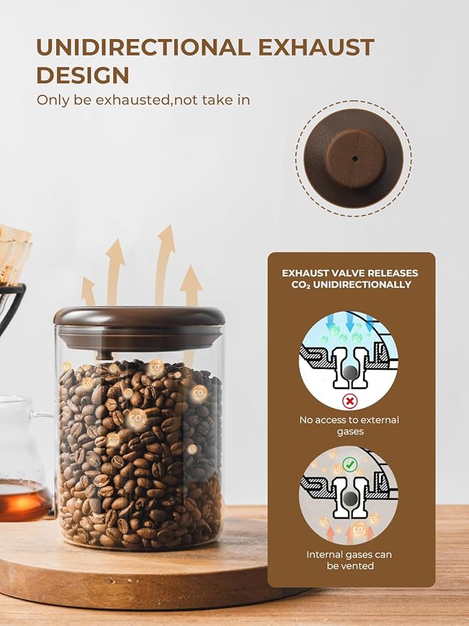 2 Pack Large Airtight Coffee Canisters with CO2 Valve - 21oz Borosilicate Glass Storage Containers for Fresh Coffee Beans & Grounds, with Air Tight Pop Lid
