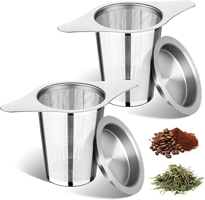 FrutPunch 2 Pack Loose Leaf Tea Infuser with Lid, Ultra-Fine Mesh | Tea Strainers for Loose Tea, Large Capacity, Double Handles, Can be Hung on Teapot, Cup, Gift for Tea Lovers, Stainless Steel