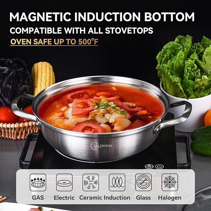 LOLYKITCH 7-Quart Stainless Steel Kadai with Lid | 14-Inch Hotpot Pot | Tri-Ply Stainless Steel Saute Pan | Jumbo Cooker | Induction Indian Cooking Pan | Large Skillet | 6-8 Servings
