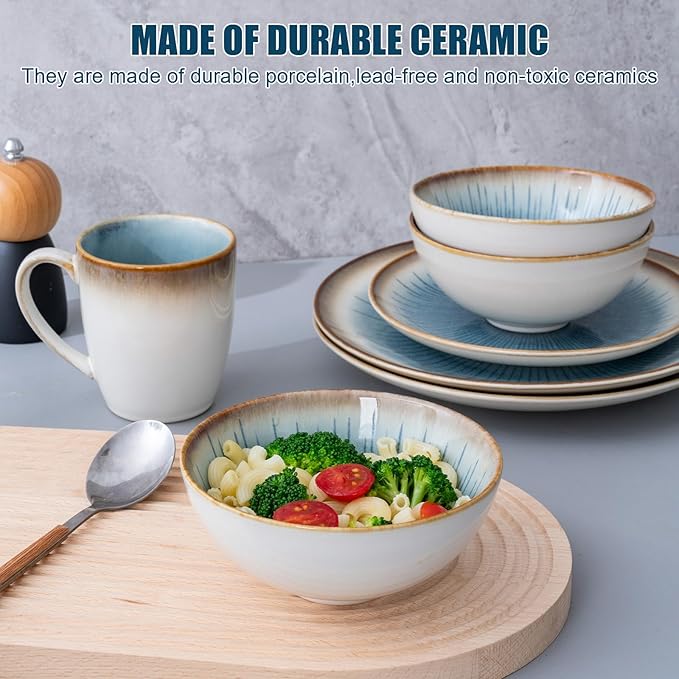 Dinnerware Set Stoneware 16 Pieces Service for 4, Stoneware Plates and Bowls Set Stoneware Set, Dishwasher Microwave Safe Dishes set