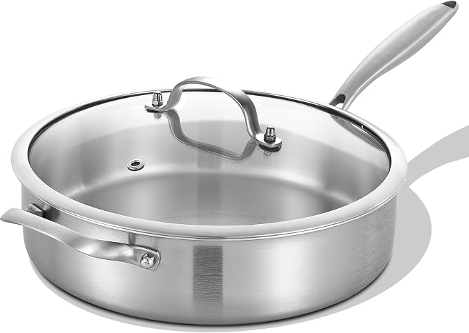 5-Quart Tri-Ply Stainless Steel Saute Pan wih Lid | 12 Inch Deep Frying Pan | Induction Cooking Skillet | Jumbo Cooker | Dishwasher and Oven Safe | Detachable Handle | Compatible with All Cooktops