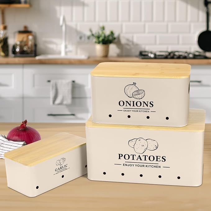 Kitchen Vegetable Storage Set of 3, Metal Onion Garlic Potato Storage Set, Kitchen Canisters Vegetable Keeper Containers with Aerating Holes and Bamboo Lid，Beige