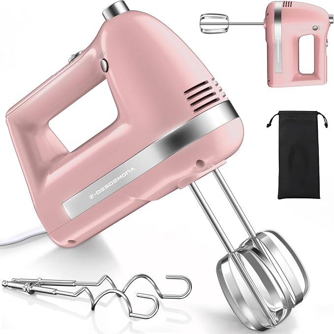 Electric Hand Mixer, Powerful Hand Mixer Electric Handheld with 304*(2*Beaters, 2*Dough Hooks),(1*Storage Bag) Hand Held Mixer with Turbo for Baking Cakes,Cream(Pink)