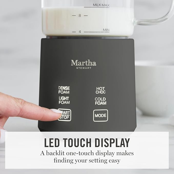 Martha Stewart 10oz Milk Frother & Steamer, 4 Presets, 300ml Glass Pitcher | Light, Dense, Cold Foam & Hot Chocolate, Ready in 90 Seconds, Cordless Pouring, Runs Quiet, Almond, Soy & Oat Milk, Caviar
