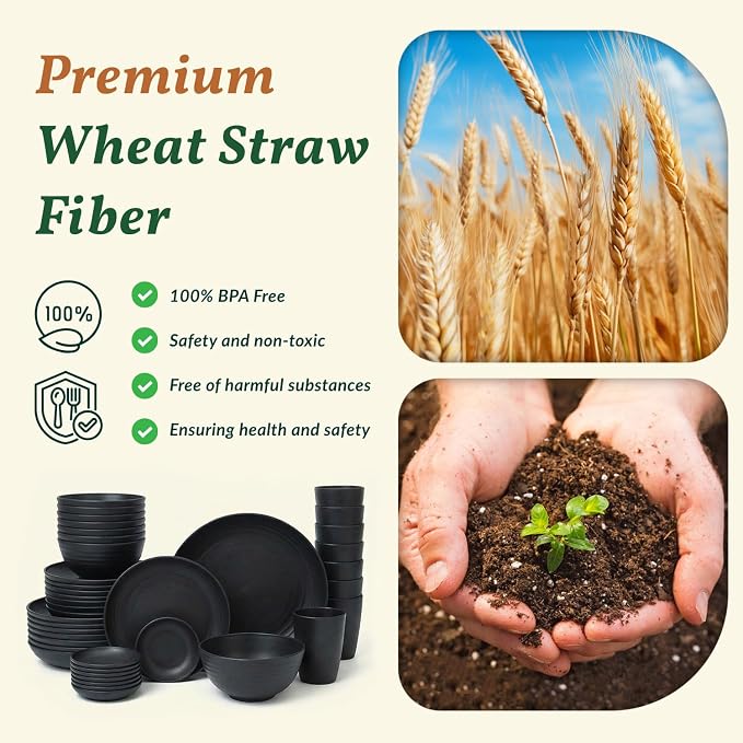 Plates and Bowls Sets, 40-Piece Modern Wheat Straw Dinnerware Sets for 8 Unbreakable Kitchen Dinner Set Microwave and Dishwasher Safe Dishes Set for Apartment, Party, Outdoor, RV (Black)