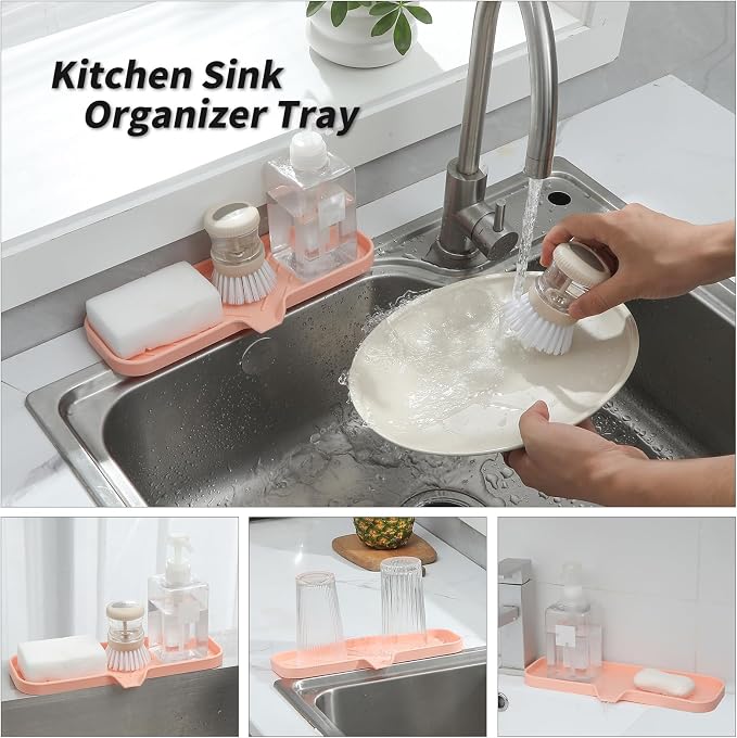 MicoYang Silicone Soap Dish with Drain Spout — Self-Draining Double Sink Organizer Tray for Kitchen & Bathroom, Dispensers, Sponges & Soap Holder, Non-Slip & Dishwasher Safe, Pink (Large, 12"×4")