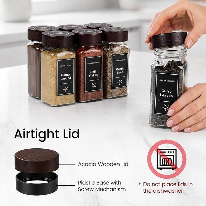 Glass Spice Jars with Grinder Lid 24 Pack 4 oz Acacia Wood | 780 Labels (Round+Square), Shaker Inserts, Funnel, Airtight Seal, Bonus Grinder Lid for Fresh Grinding