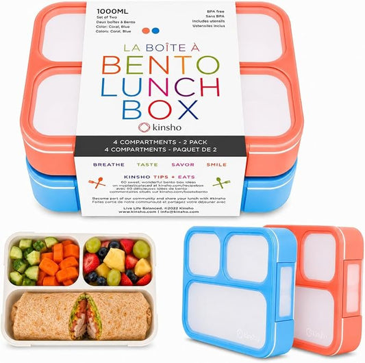 Kinsho Bento Lunch Boxes For Adults Or Kids | Large 3 Compartment Containers With Dividers For Meals And Snacks For School Or Work Lunches, Women Men Includes Utensils | Coral Blue 2 Pack