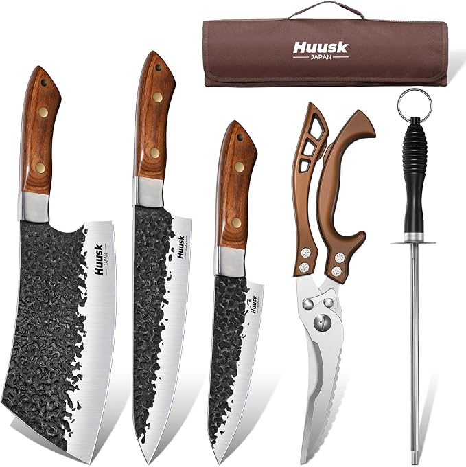 Huusk Chef Knife Set 5 PCS with Roll Bag, Gifts for Men and Women | Hand Forged High Carbon Steel Butcher Knife Set with Poultry Shears & Sharpening Rod, Cooking Knives for Grill BBQ Camping