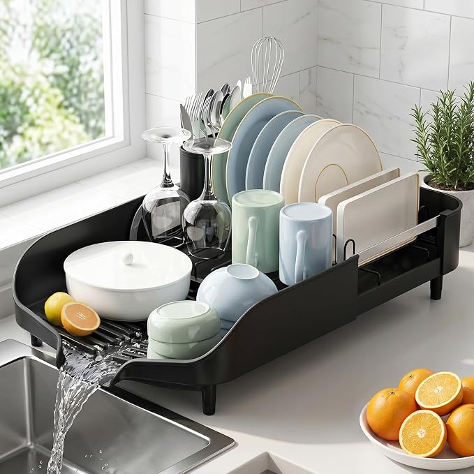 PULIDIKI Dish Drying Rack, Expandable Dish Rack for Kitchen Counter | Stainless Steel Dish Drainer with Utensil Holder, Kitchen Plate Organizer for Cup and Bottle