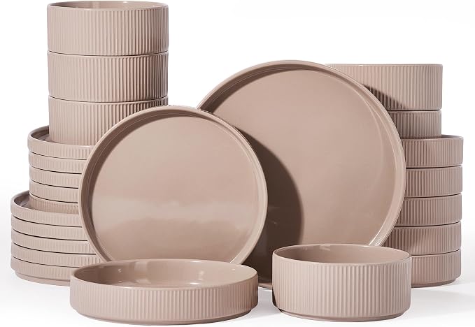 Famiware Stoneware Dinnerware Set with Pasta Bowls, 24pc Brown Dishes for 6 | Ceramic Double Bowls & Flat Plates, Chip & Scratch Resistant, Microwave & Dishwasher Safe, Everyday Dining, Rustic Modern