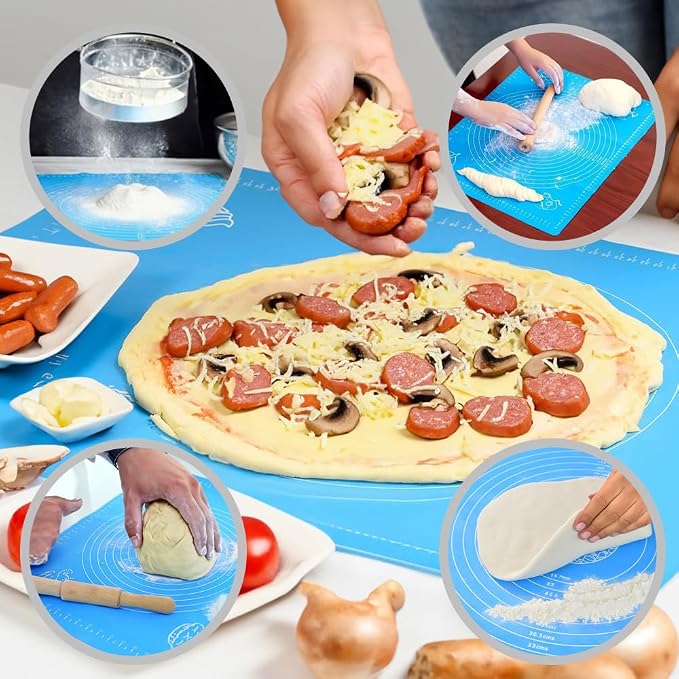 Silicone Baking Mat with Measurements, Pastry Rolling, Counter Mat, Dough Rolling Mat, Oven Liner, 25" x 18", Blue