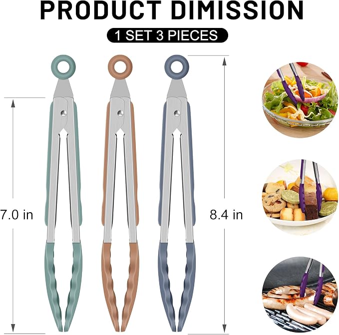 Hotec Mini Silicone Kitchen Tongs for Cooking - 7-Inch Small Serving Tongs with Silicone Tips, Set of 3 (Neutral)