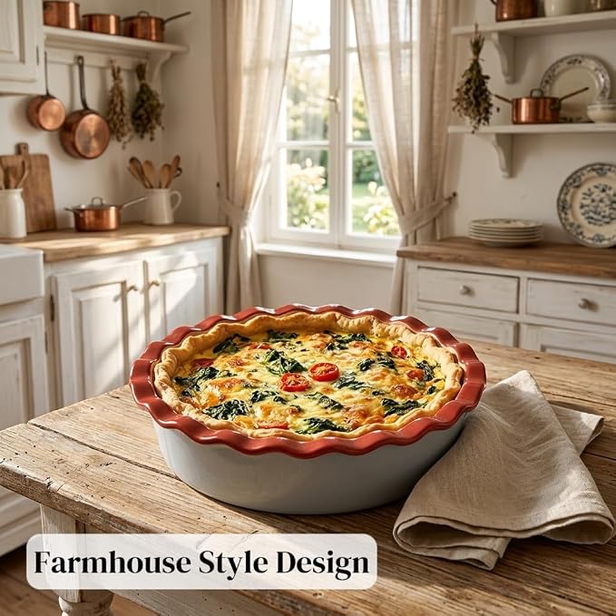 9 Inch Ceramic Pie Pan for Baking - 60 OZ Deep Stoneware Baking Dish -Oven to Table Farmhouse Style Pie Plate for Apple Pie,Tart, Quiche, Chicken Pot Pie(Sky Blue)
