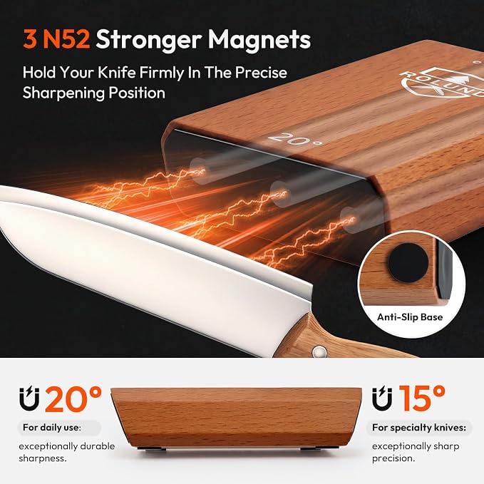 Rolling Knife Sharpener Kit Diamond & Ceramic 15°/20° | Easy-to-use manual sharpening tool for kitchen and chef knives with a magnetic angle guide designed for beginners