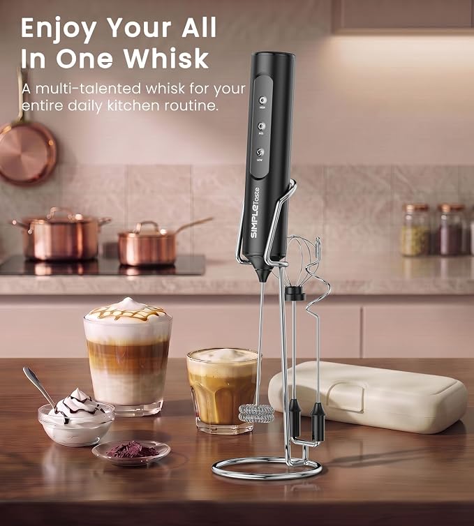 SIMPLETASTE Rechargeable Handheld Milk Frother Wand with Stand | 3 Variable Speeds, 3 Whisks and Storage Box, Electric Drink Mixer for Latte, Cappuccino, Matcha and Protein Powder, Black