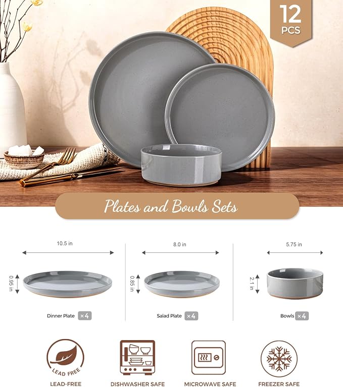 AmorArc Stoneware Dinnerware Sets for 4,12Pcs Plates and Bowls Set | Handmade Ceramic Dish Set,Dishwasher & Microwave Safe,Scratch Resistant-Gray