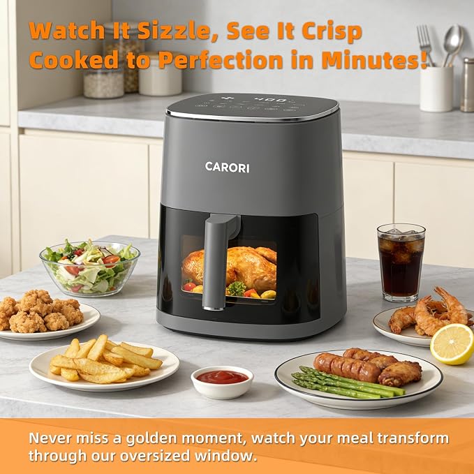 CARORI 6QT Air Fryer with Viewing Window, 12 Cooking Presets, 1700W Fast & Even Cooking, Max 400℉ Crisping, Bake, Roast, Reheat & Dehydrate, Large Nonstick Basket, Dishwasher Safe, Gray