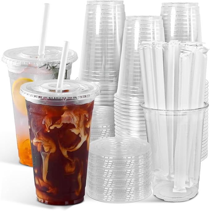 Ginkgo 100-Pack 20oz Clear Plastic Cups with Lids and Straws | Leak-Proof & Sturdy Iced Coffee Cups with Lids, Disposable To Go Cups for Smoothies, Cold Beverages