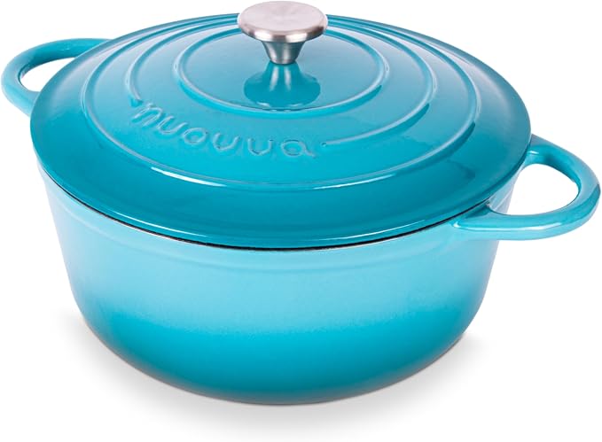 Nuovva Enamelled Cast Iron Dutch Oven Pot with Lid 6.4 Quart Non Stick Casserole Pot-Heavy Duty & Oven Safe up to 500° F for Bread Baking, Braising, Stews, Roasting - 28cm Light Blue
