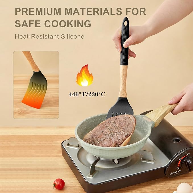 Kitchen Utensils Set - 7 PCS Non-Stick Silicone Cooking Utensils Set Spatula Set with Holder, Wooden Handle Spoon,Tongs,Whisk Kitchen Gadgets Tools Set for Nonstick Cookware (Black-7Max)