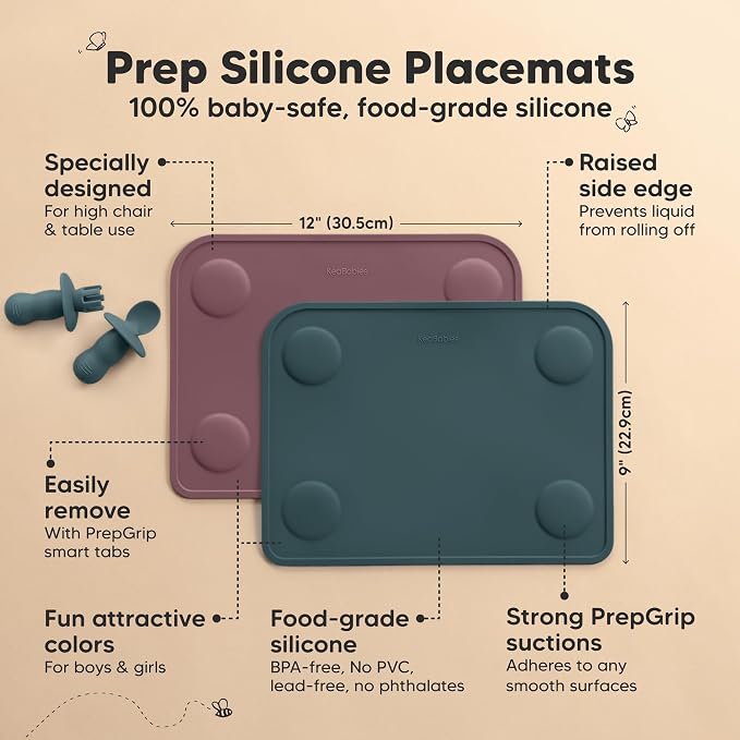KeaBabies 2pk Silicone Placemats for Toddlers, Kids, Baby, 12x9 (Rocky, S) | Non Slip Suction Silicone Placemat for Restaurants, Dining Table,Travel, Easy to Clean, Food Grade/BPA-Free, Small Table Mat
