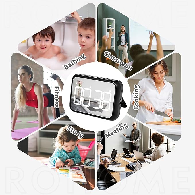 Digital Large Display Visual Timer Stopwatch for Kitchen Teacher School Classroom Cooking, Night Light Magnetic Bathroom Makeup Mirror LED Stop Clock Timer, 99 Minutes Countdown, Loud/Silent (Black)